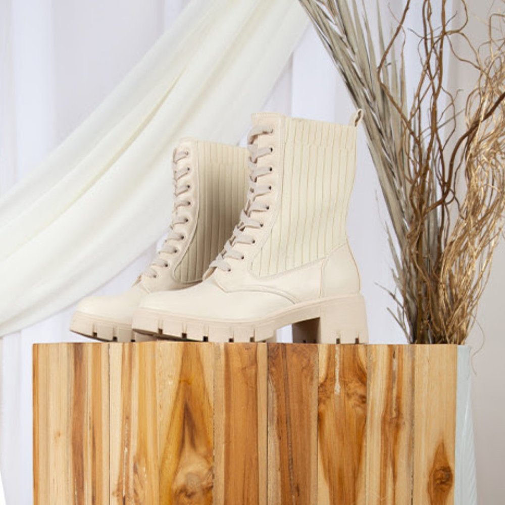 Bone Knit Shaft Lace Up Combat Boots - Picture 2 of 6